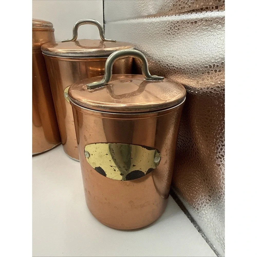 Vintage Copper Canister Set with Lids Nesting Flour Sugar Coffee Tea